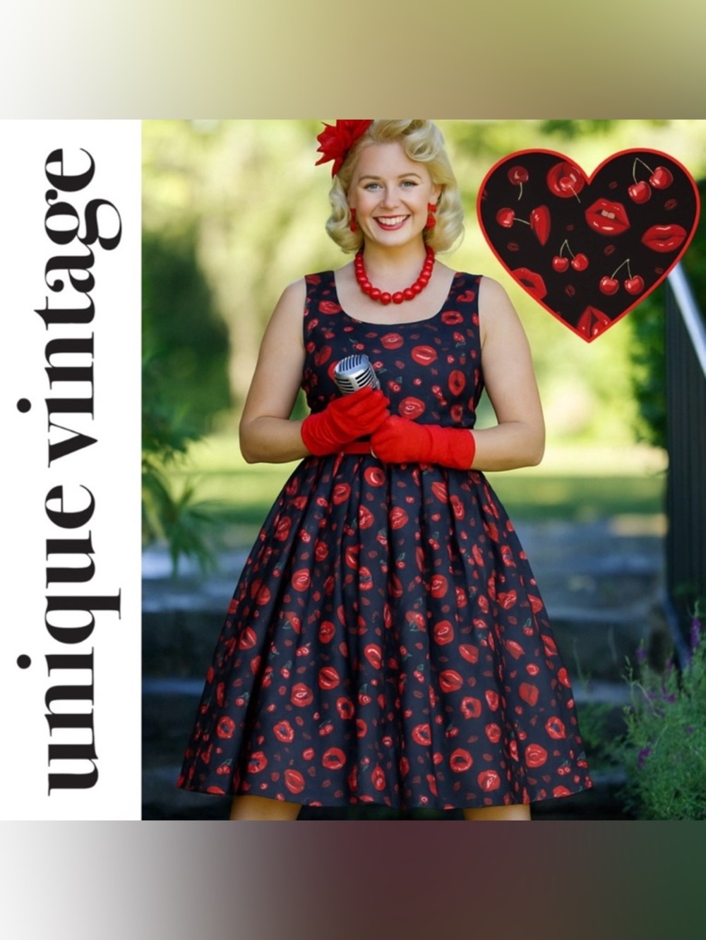 Unique Vintage Dolly & Dotty Black Pin Up Lips & Cherries Swing Dress, Med, NWT!